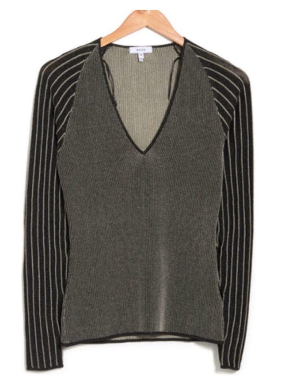 Reiss Esta Metallic Ribbed Plunge Top in black